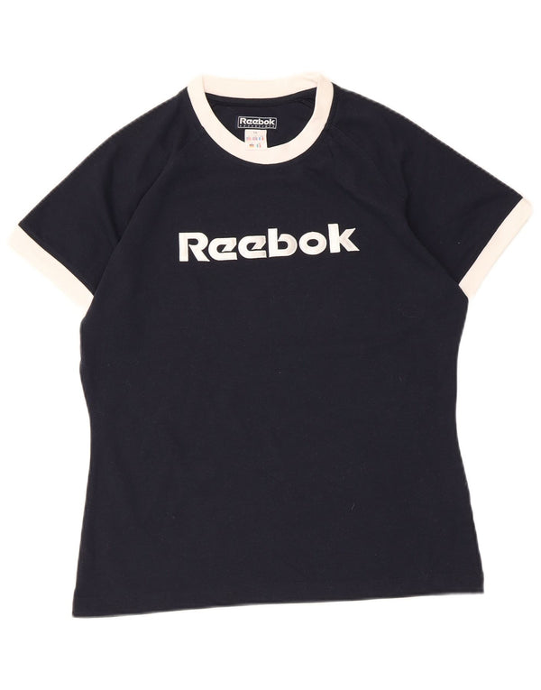 T-shirt grafica da donna Reebok Top UK 14 Medium Navy Blue Colourblock