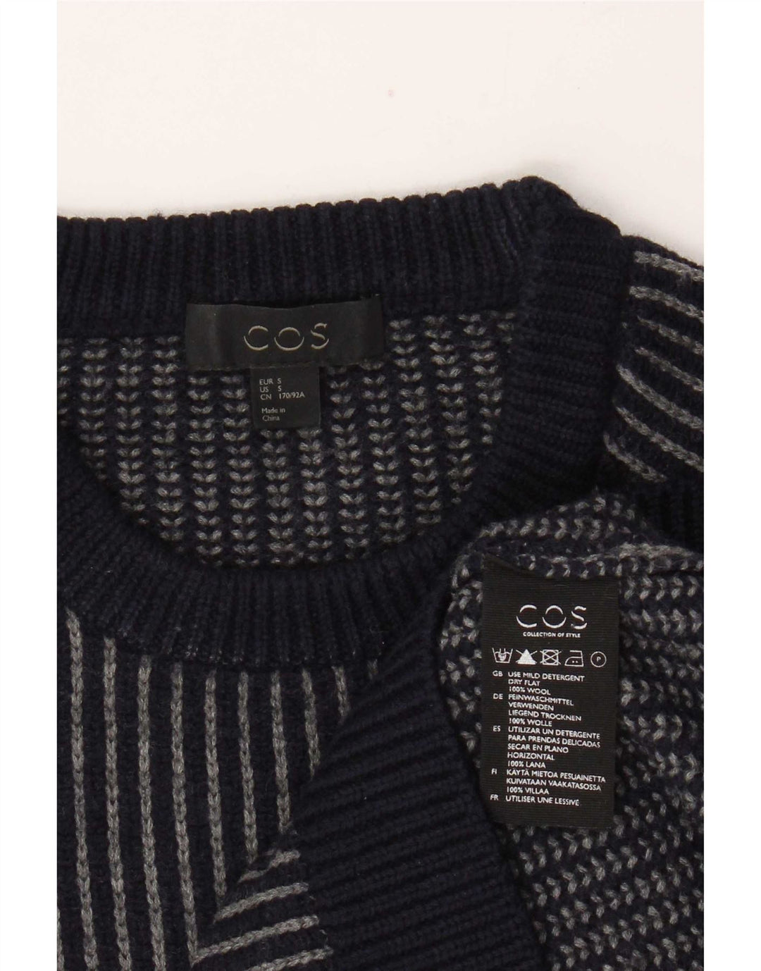 Maglione girocollo da uomo Cos, maglione piccolo in lana a righe blu navy
