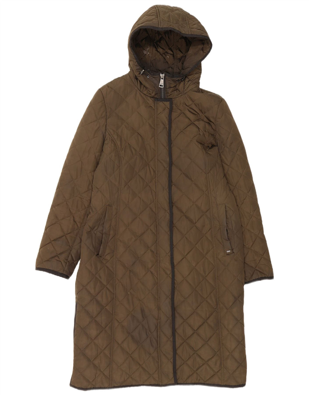 Cappotto trapuntato con cappuccio da donna Dkny UK 16 grande poliestere kaki