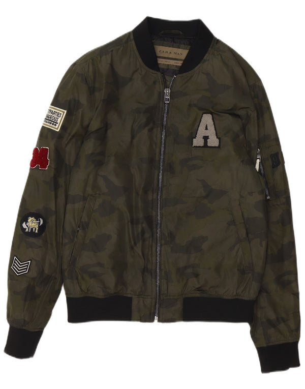 Giubbotto bomber grafico da uomo Zara UK 40 grande poliestere mimetico verde