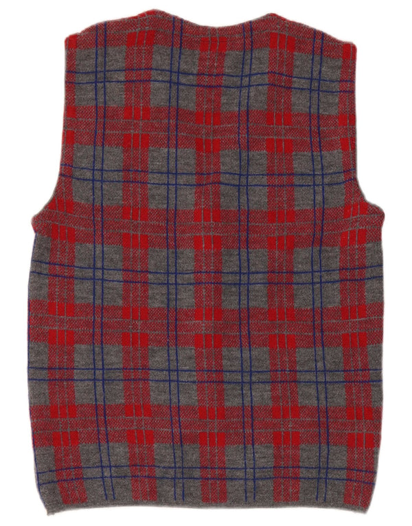Maglione cardigan senza maniche vintage da uomo piccolo in lana a quadri grigi