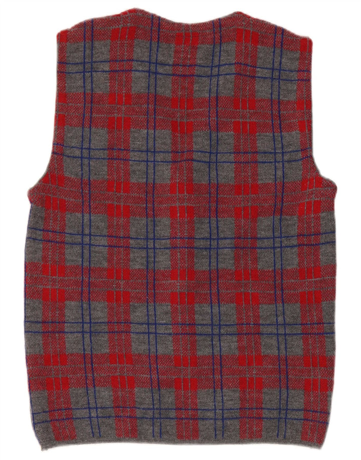 Maglione cardigan senza maniche vintage da uomo piccolo in lana a quadri grigi