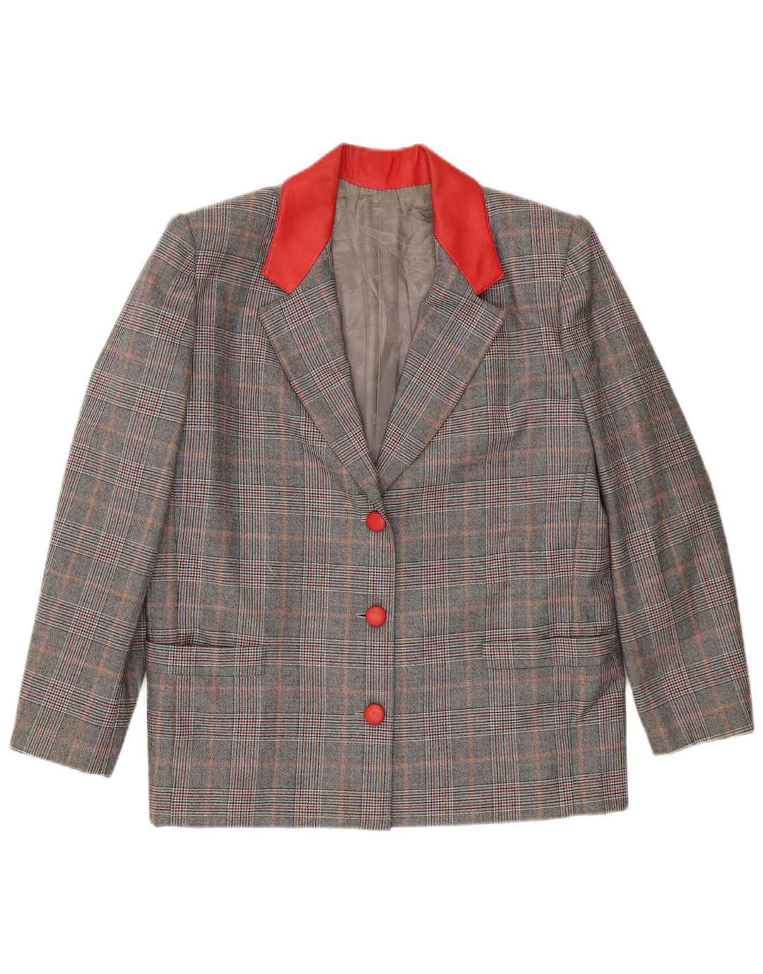 Giacca blazer a 3 bottoni da donna VINTAGE UK 16 grandi quadri grigi