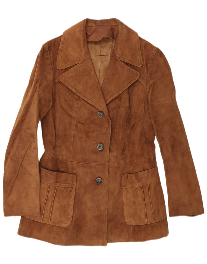 Giacca blazer vintage da donna in pelle scamosciata a 3 bottoni IT 46 grande in pelle marrone
