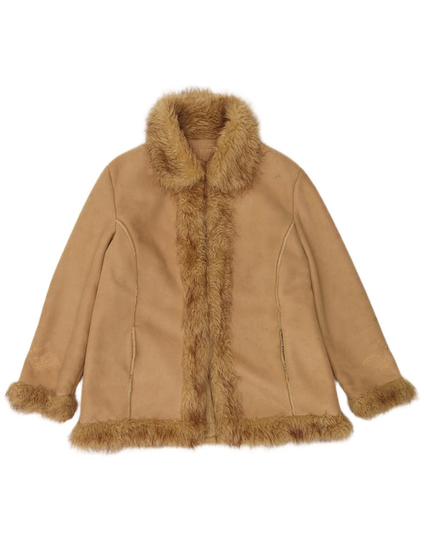 Giacca Sherpa aperta da donna vintage UK 14 grande poliestere beige