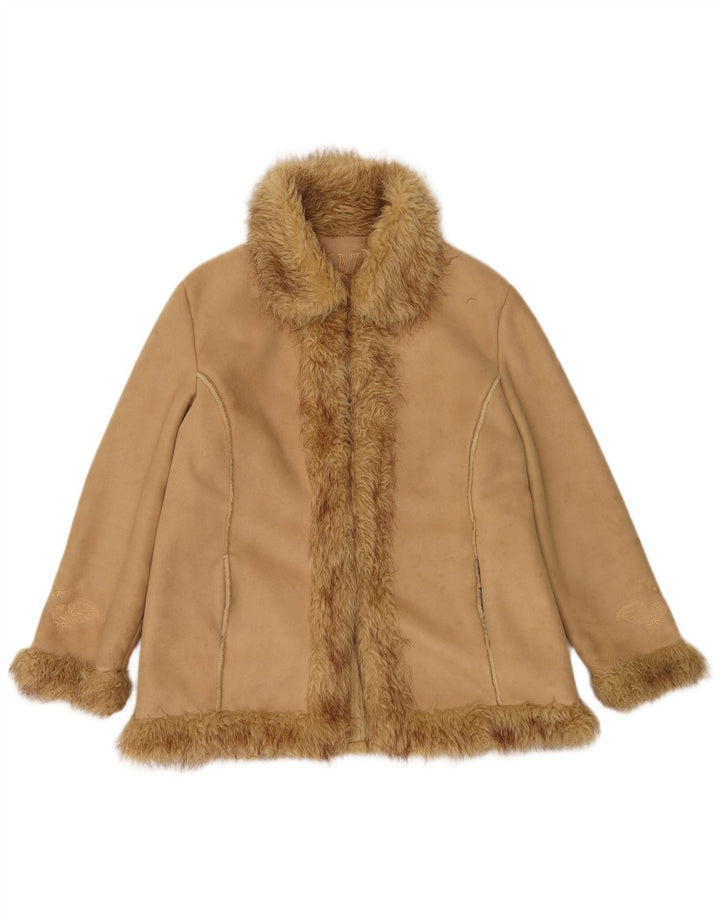 Giacca Sherpa aperta da donna vintage UK 14 grande poliestere beige