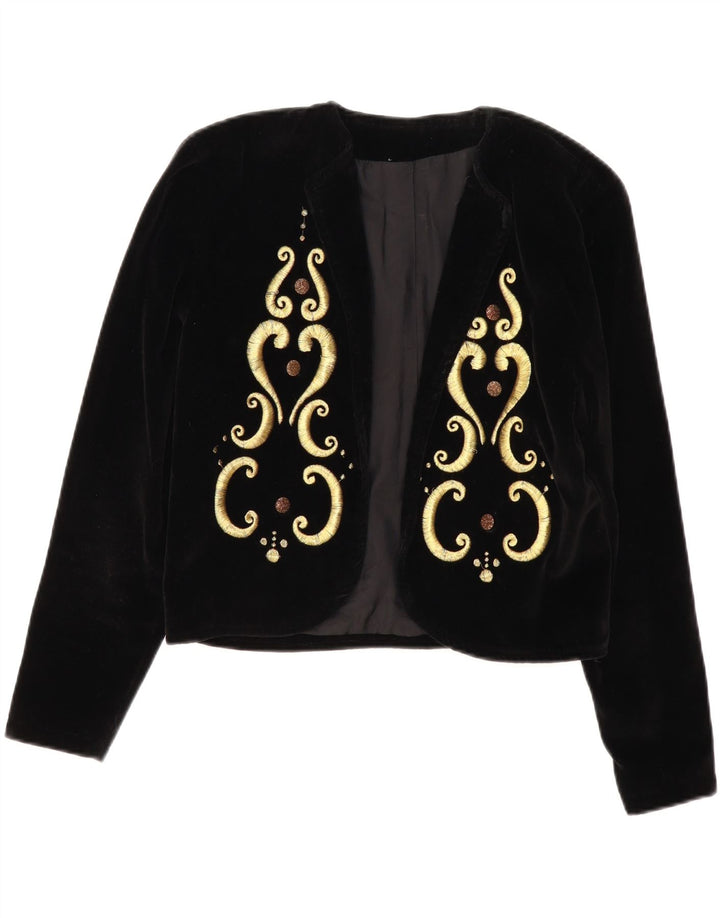 Giacca Bolero aperta in velluto da donna vintage UK 14 media nera