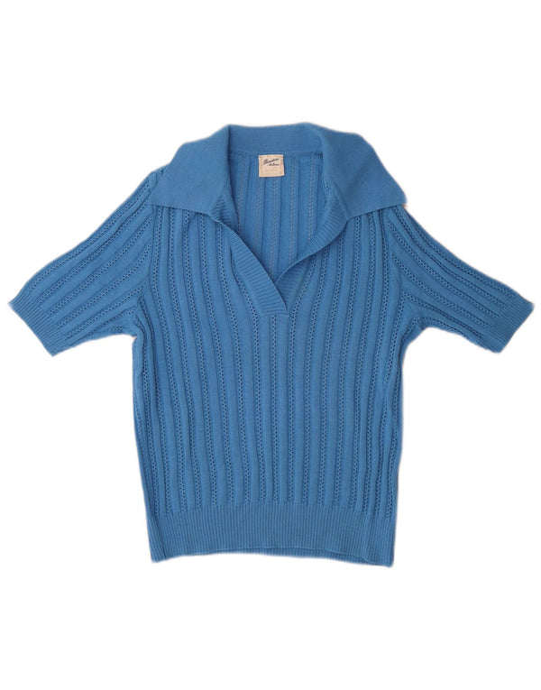 Maglione vintage da donna a maniche corte con collo a polo IT 40 piccolo in lana blu
