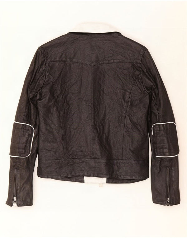 Replay Womens Leather Biker Jacket UK 6 XS Black Colourblock Lambskin
