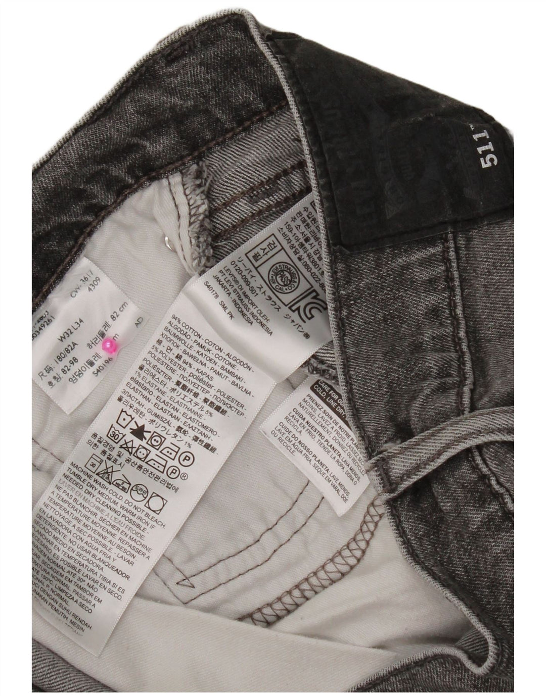 Levi's Uomo 511 Slim Jeans W32 L34 Cotone Grigio