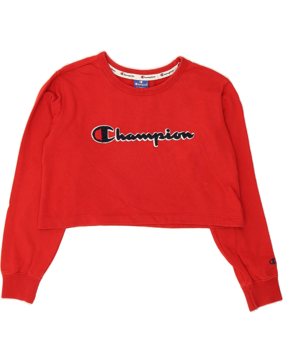 CHAMPION Womens Oversized Crop Graphic Sweatshirt Jumper UK 6 XS Red Vintage Champion and Second-Hand Champion from Messina Hembry 