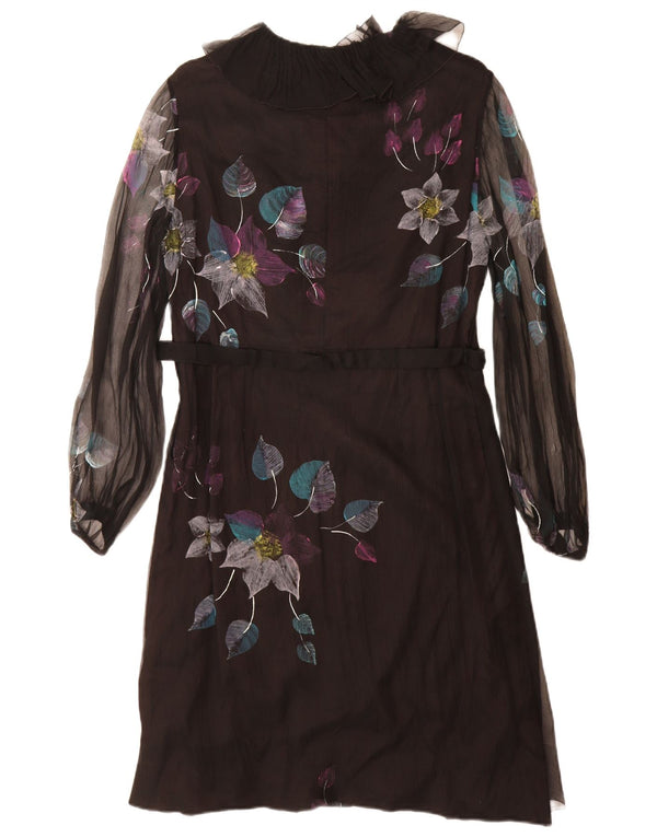 Abito a trapezio a maniche lunghe da donna vintage UK 12 medio nero floreale