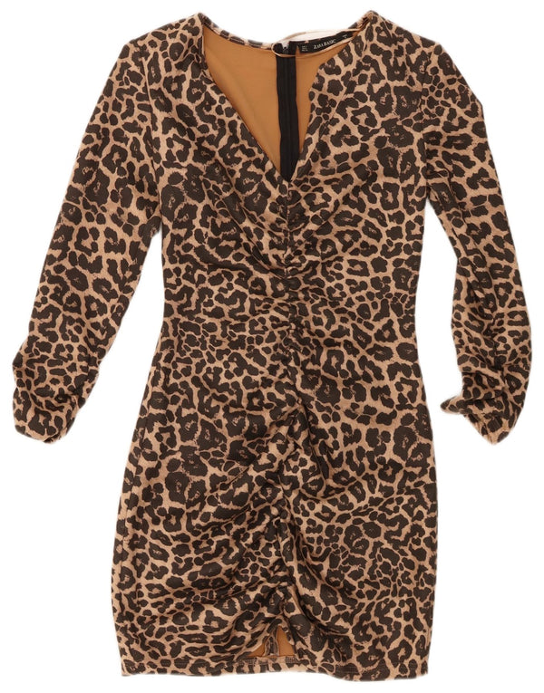 Vestito aderente a maniche lunghe da donna Zara UK 10 piccola stampa animalier marrone