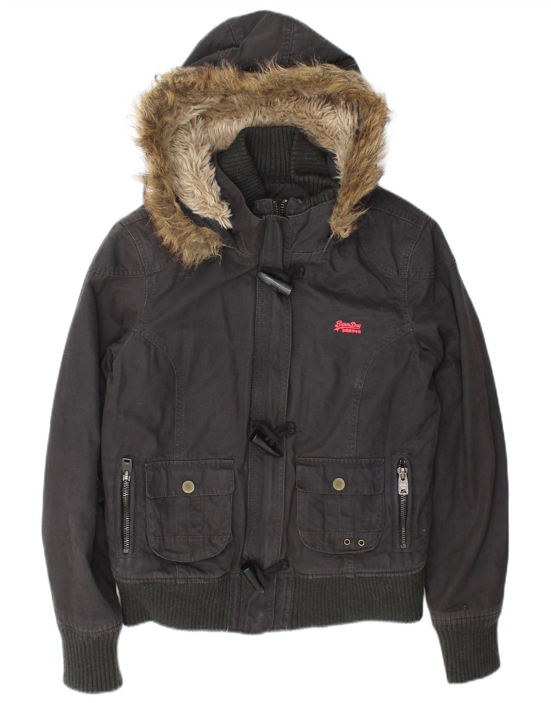Giubbotto bomber con cappuccio da donna Superdry UK 16 grande cotone grigio