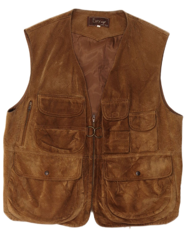 Gilet multiuso in pelle scamosciata vintage da uomo UK 38 in pelle marrone medio