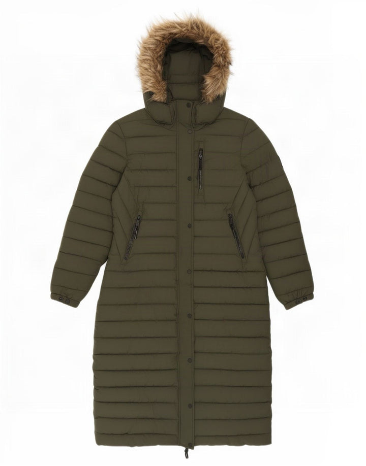 Cappotto imbottito con cappuccio da donna Superdry UK 14 grande poliestere kaki