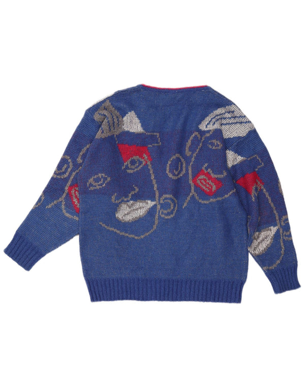 Maglione maglione con scollo a V grafico da donna VINTAGE UK 16 grande blu