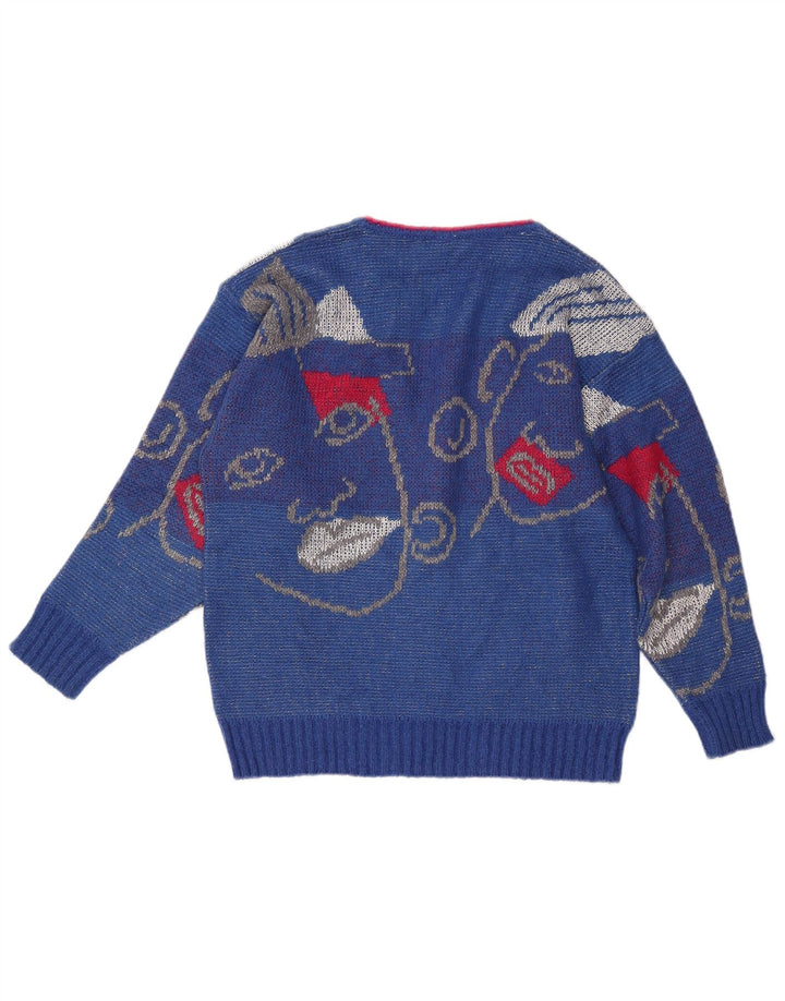 Maglione maglione con scollo a V grafico da donna VINTAGE UK 16 grande blu