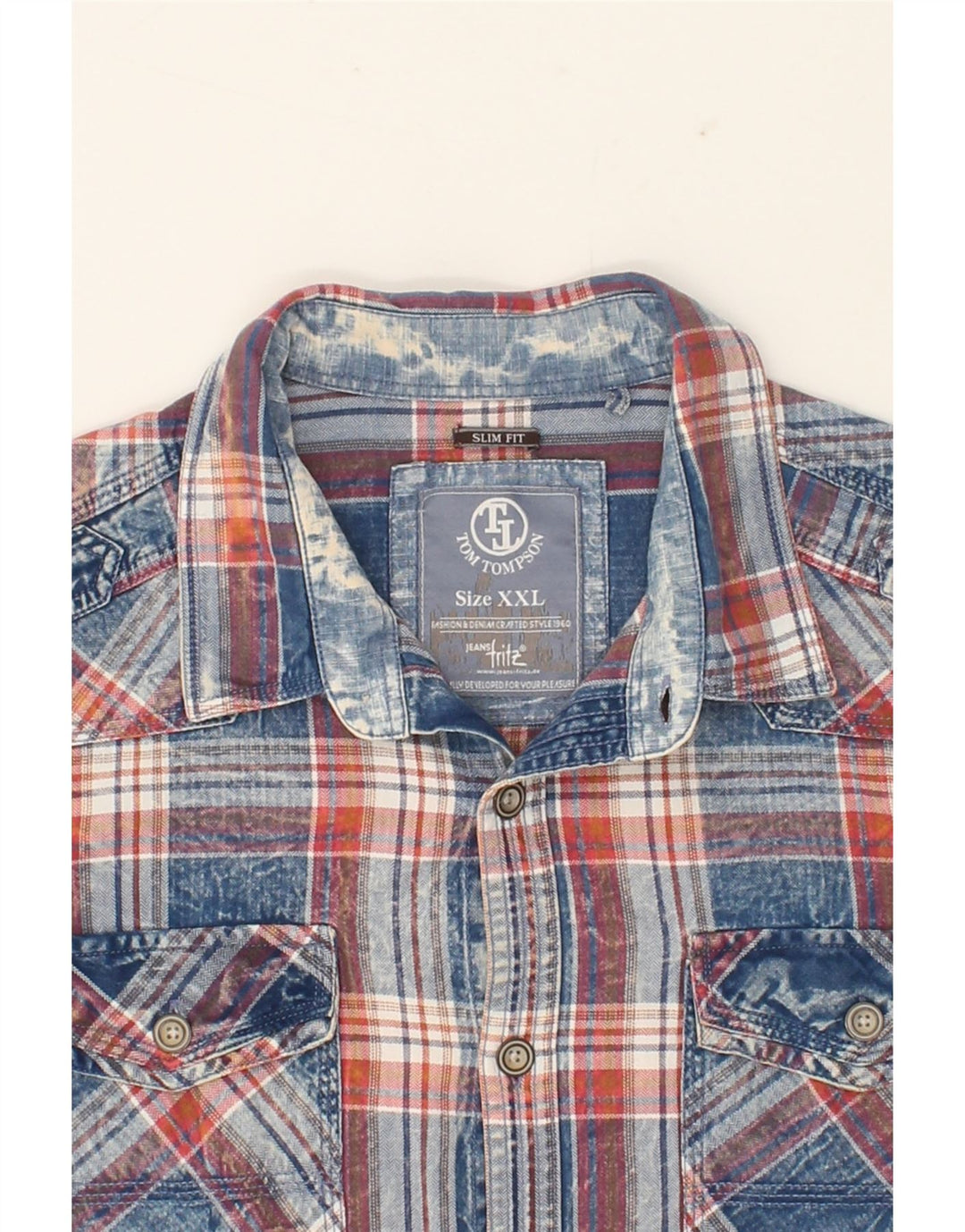 TOM TOMPSON Mens Slim Fit Short Sleeve Shirt 2XL Blue Check Cotton Vintage Tom Tompson and Second-Hand Tom Tompson from Messina Hembry 