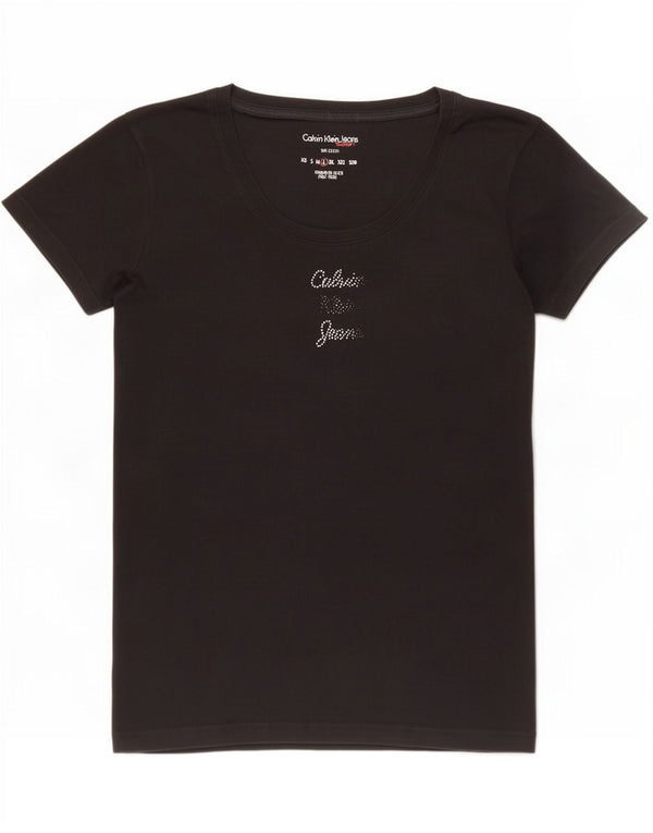 Calvin Klein Jeans T-shirt grafica da donna Top UK 14 Large Nero Cotone