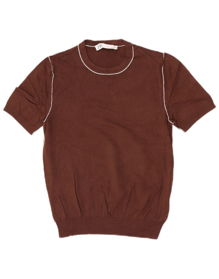 Maglione girocollo a maniche corte da donna Zara UK 12 Marrone medio