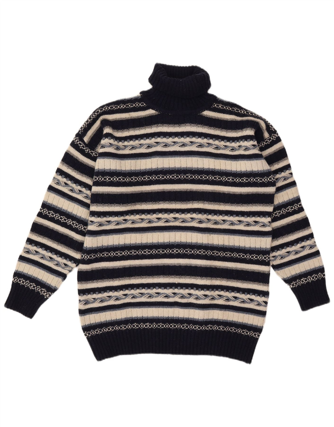 Maglione maglione vintage da uomo con collo alto in lana a righe blu navy medie