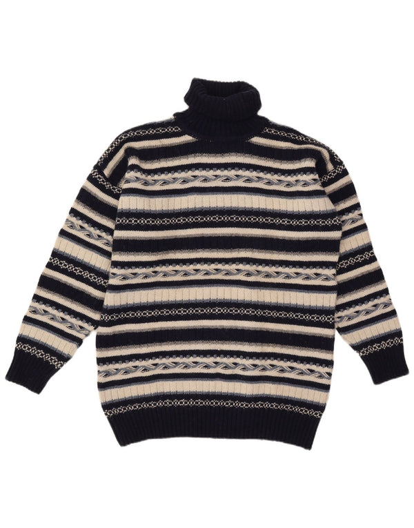 Maglione maglione vintage da uomo con collo alto in lana a righe blu navy medie