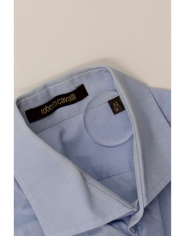 ROBERTO CAVALLI Mens Shirt Size 42 16 1/2 Large Blue Houndstooth Cotton Vintage Roberto Cavalli and Second-Hand Roberto Cavalli from Messina Hembry 