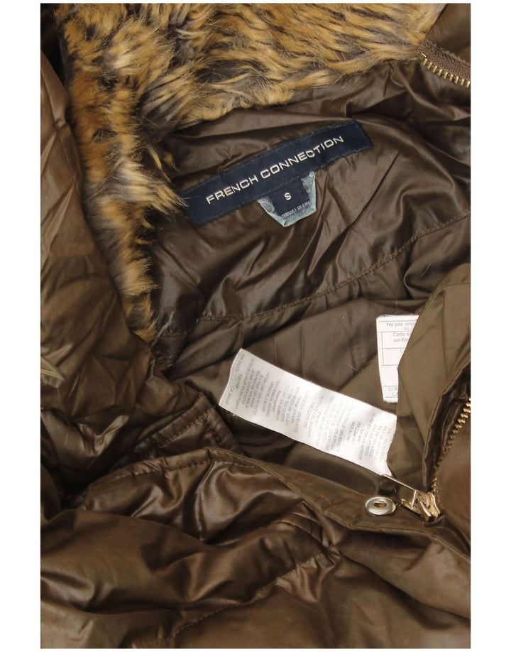 FRENCH CONNECTION Cappotto imbottito con cappuccio da donna UK 10 piccolo poliestere marrone