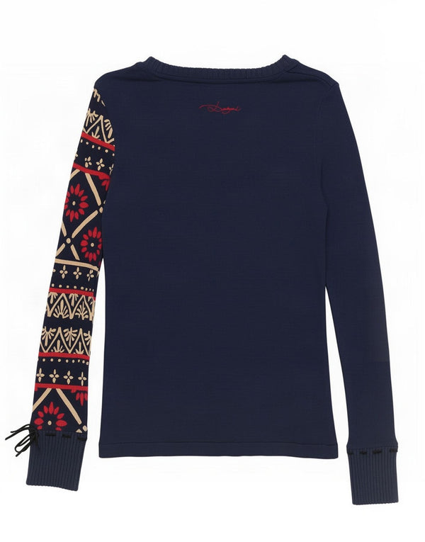 Desigual Donna Graphic Top Manica Lunga UK 12 Medio Blu Navy Floreale