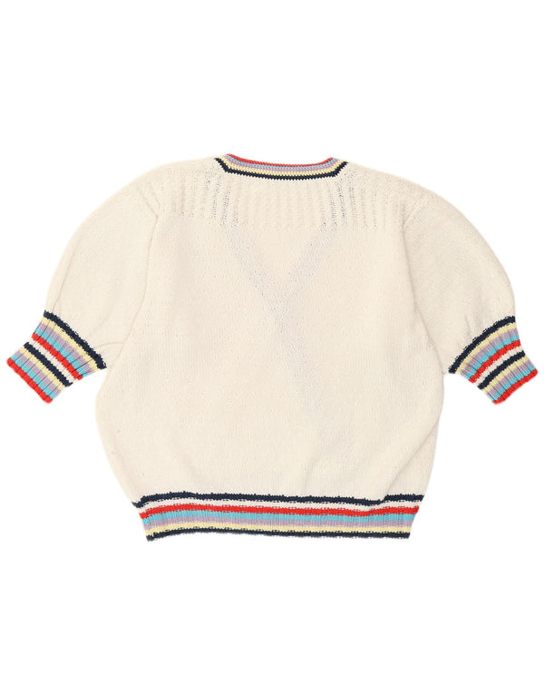 Maglione vintage da donna con scollo a V UK 14 Large White Striped Retro