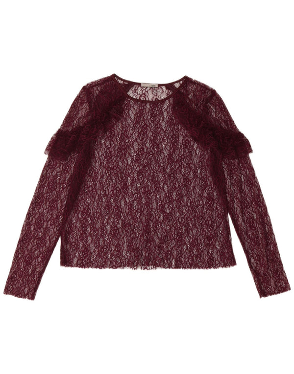 Top trasparente a maniche lunghe da donna Zara UK 12 Borgogna medio floreale