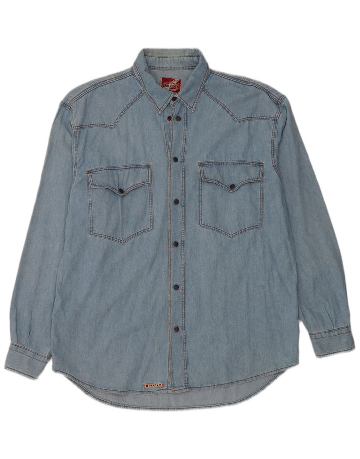 HOLIDAY Camicia in denim da uomo in cotone blu medio