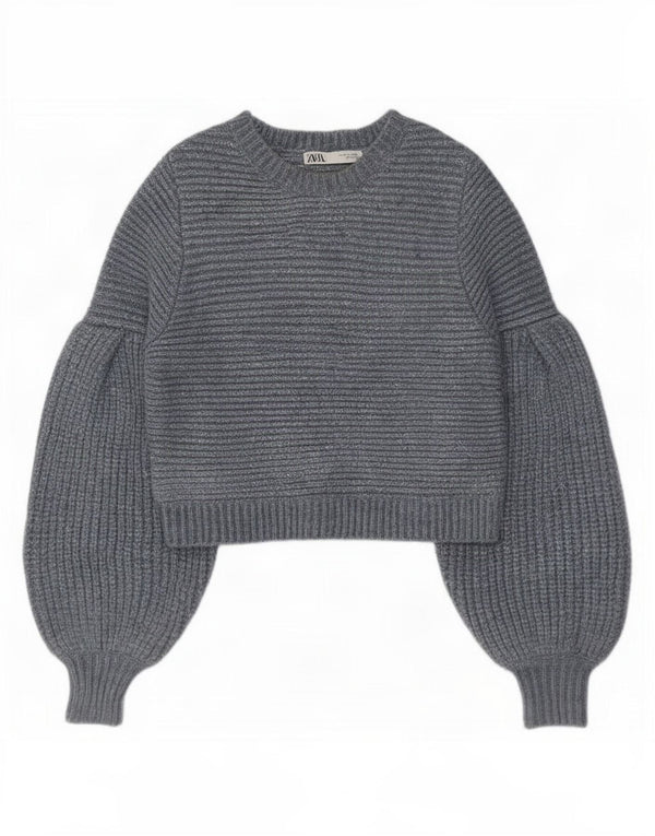 Zara Womens Crop Boat Neck Jumper Sweater UK 10 Small Blue Flecked