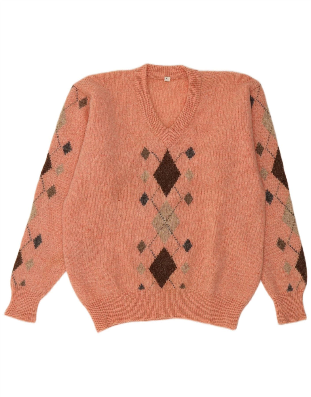 Maglione vintage da uomo con scollo a V grande arancione a rombi/diamante