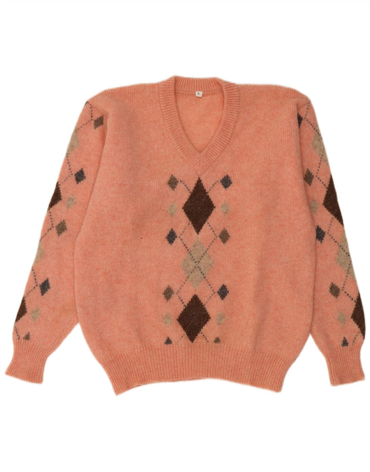 Maglione vintage da uomo con scollo a V grande arancione a rombi/diamante