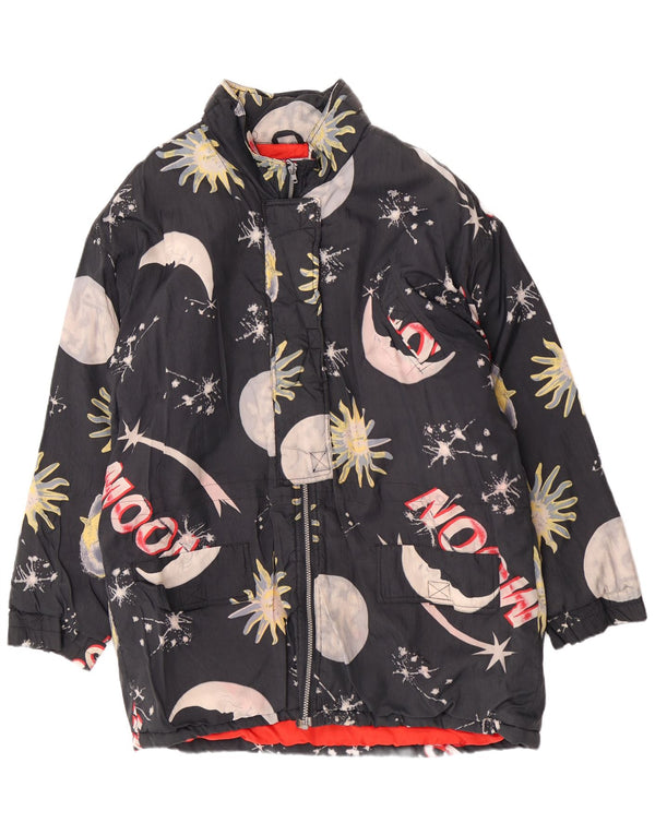 Giacca da sci imbottita vestibilità ampia da donna vintage UK 18 XL nylon geometrico nero