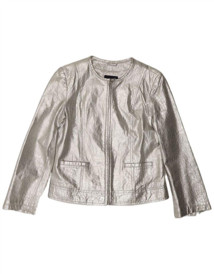 CORTEFIEL Womens Leather Jacket UK 12 Medium Silver Leather