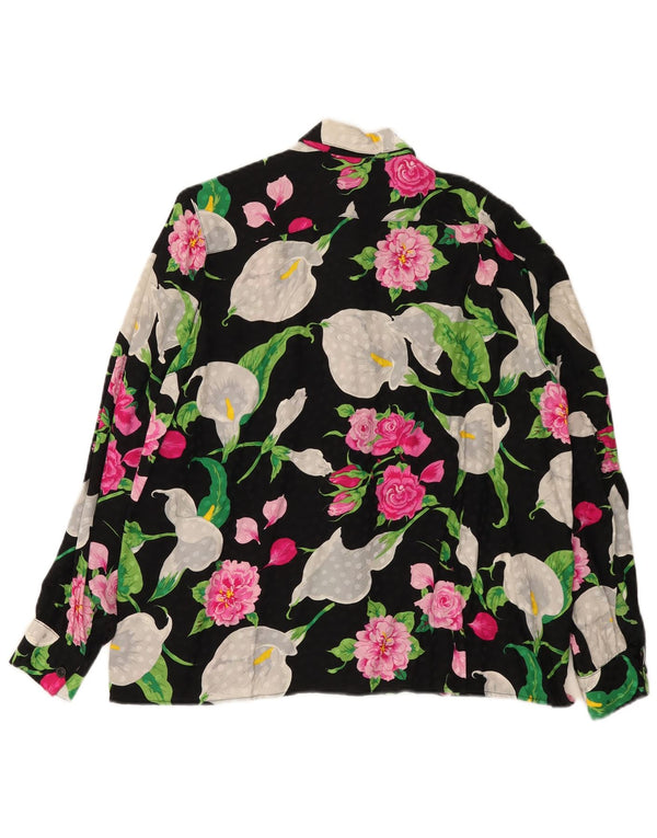 Camicetta camicia vintage da donna UK 16 grande floreale nero