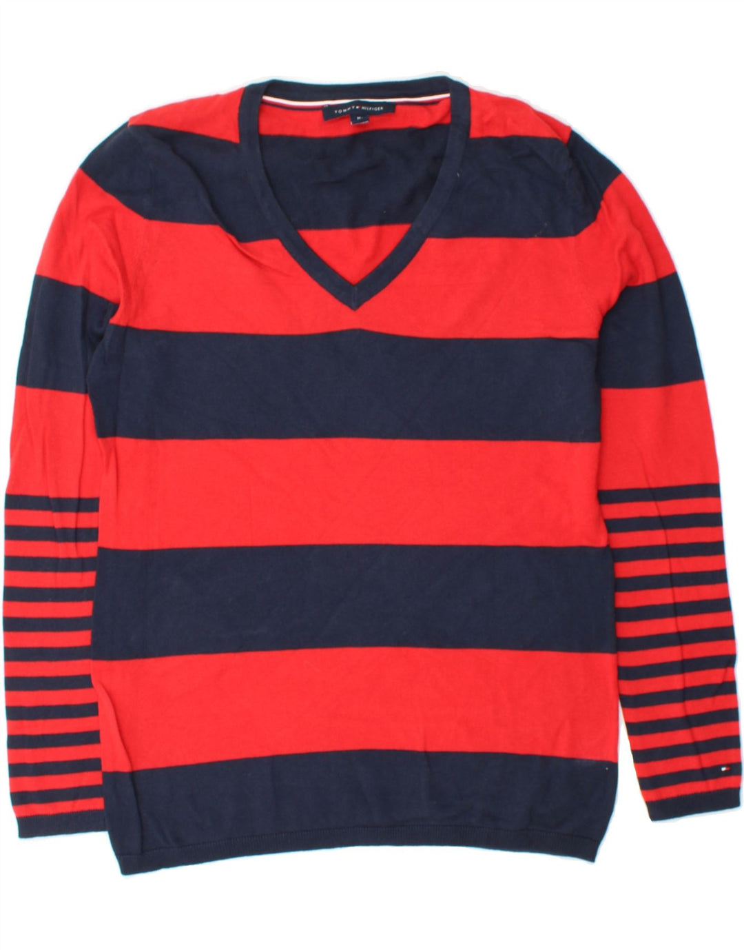 TOMMY HILFIGER Womens V-Neck Jumper Sweater UK 14 Medium Red Striped Vintage Tommy Hilfiger and Second-Hand Tommy Hilfiger from Messina Hembry 