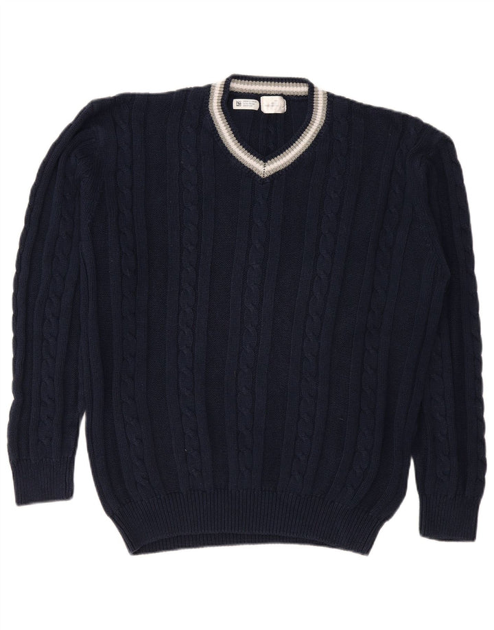 VINTAGE Maglione da uomo con scollo a V grande cotone blu navy