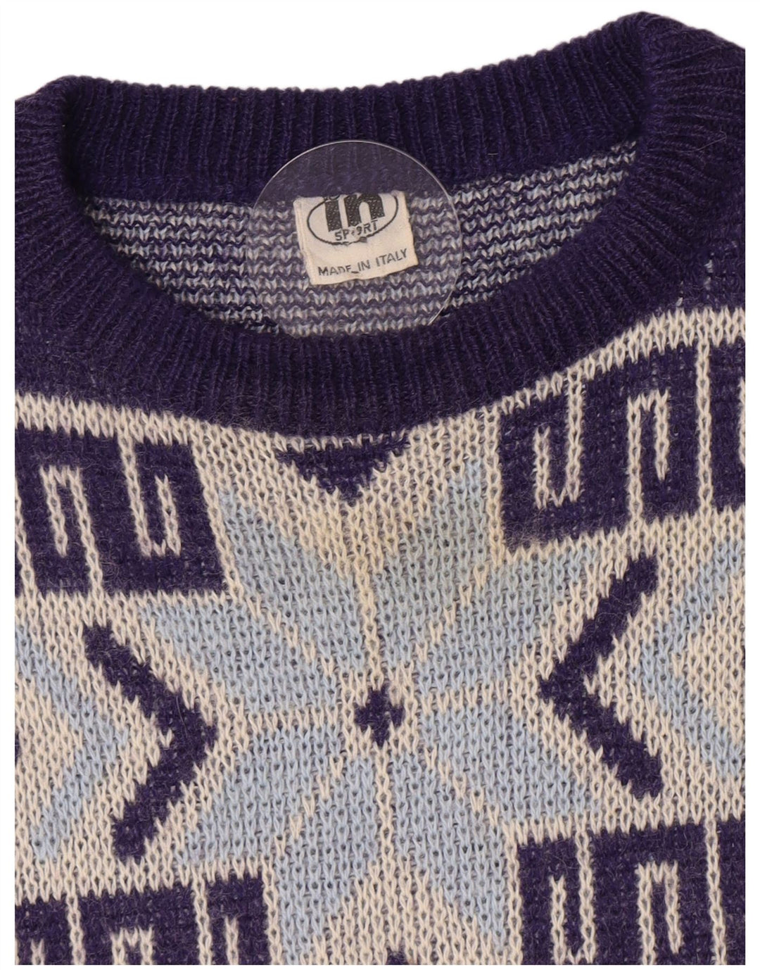 Maglione maglione girocollo da uomo vintage medio blu navy geometrico