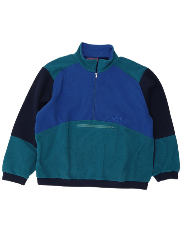 Maglione in pile vintage da uomo con zip e collo 2XL color block blu
