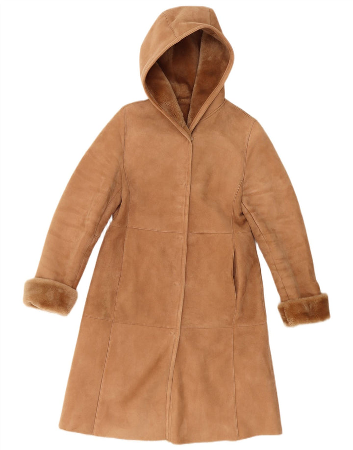 Cappotto in shearling con cappuccio da donna vintage UK 10 piccolo beige