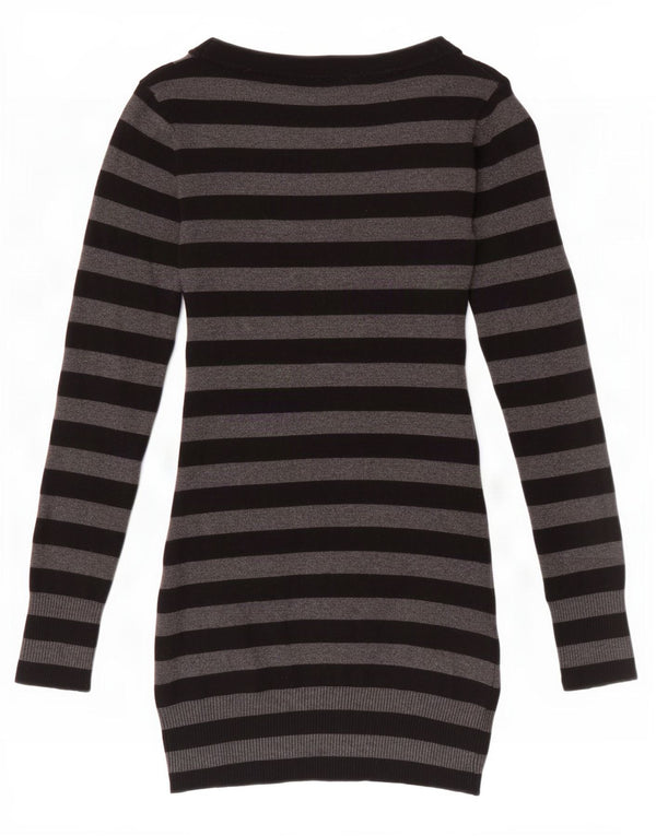 Maglione maglione con scollo a V lungo da donna Jane Norman UK 10 piccolo grigio a righe