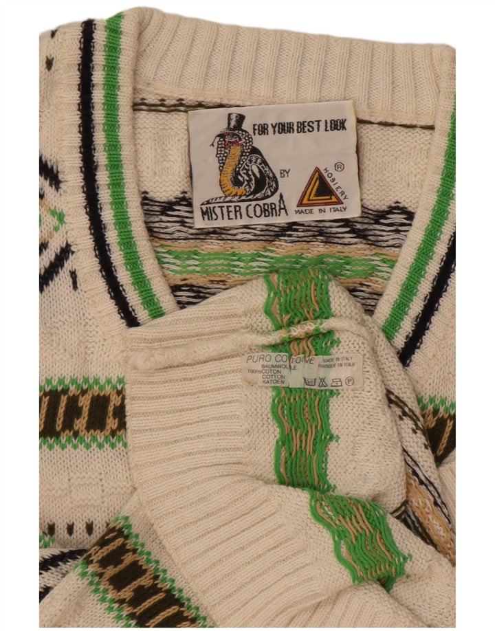 Maglione vintage da uomo con scollo a V in cotone geometrico bianco medio