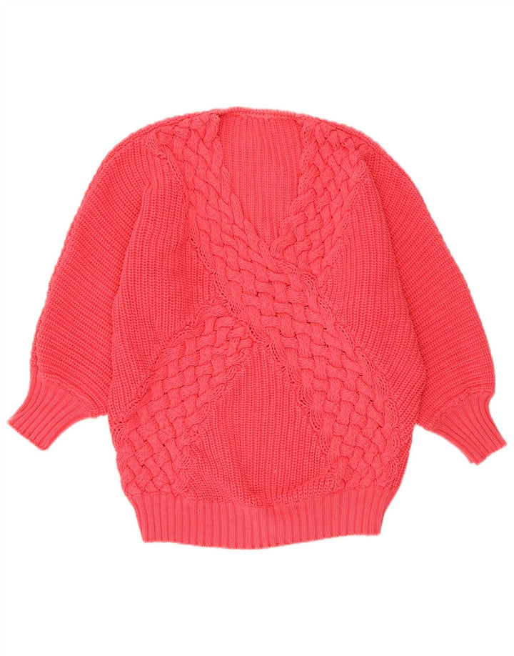 Maglione da donna VINTAGE con scollo a V e maniche a pipistrello a 3/4 UK 16 grande rosa