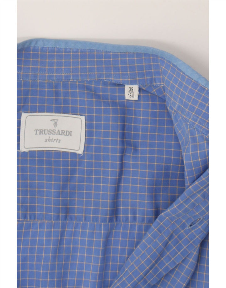 TRUSSARDI Mens Short Sleeve Shirt Size 15 1/2 39 Medium Blue Check Vintage Trussardi and Second-Hand Trussardi from Messina Hembry 