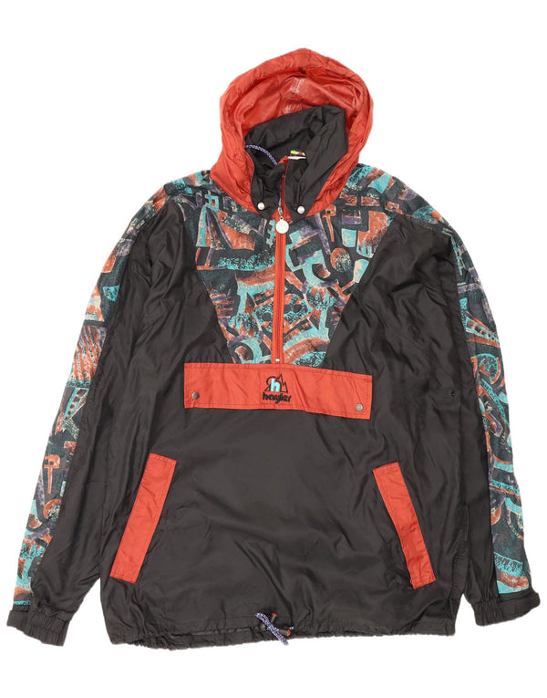 Giacca antipioggia vintage da uomo con cappuccio anorak UK 38 medio nero geometrico
