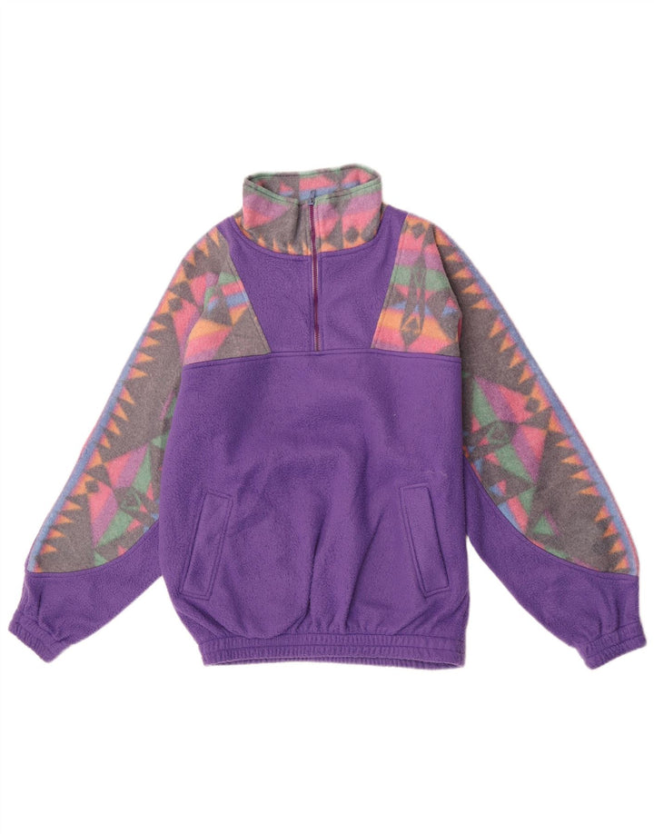Maglione in pile da uomo vintage con zip sul collo, grande poliestere geometrico viola